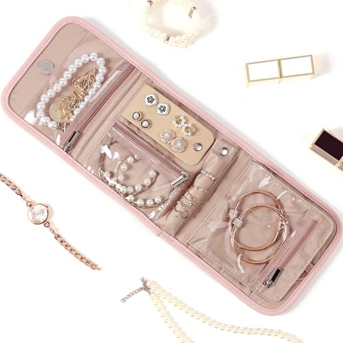 BELALIFE Pink Travel Jewelry Case - Compact Organizer Roll for Accessories