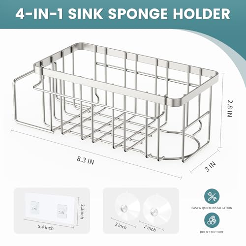 4-in-1 Silver Sponge Holder for Kitchen Sink - Sink Caddy Organizer