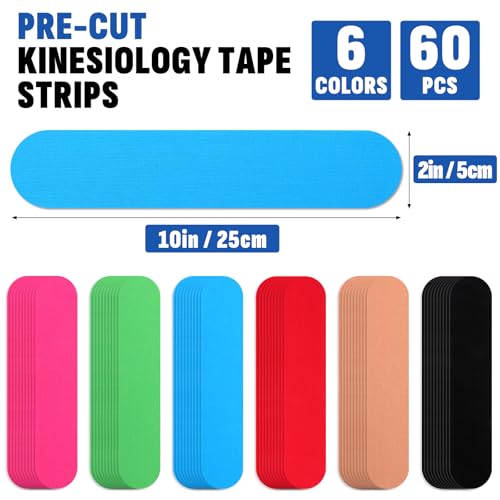 60PCS Precut Kinesiology Tape Strips, 6 Colors 2 inch x 10 inch Cotton Athletic Tape, Kinetic Tape, Elastic Muscle Tape, Sports Tape, Knee Tape for Exercise and Daily Use