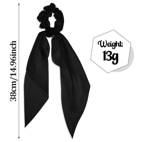 Mabor Satin Hair Scarf Scrunchies with Bow Tail - 2 Pcs Black Ribbon Ponytail Holder