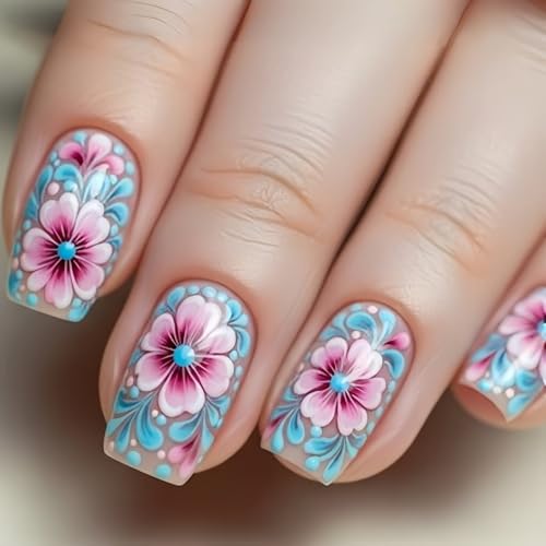 Medium Square Press On Nails Floral Design 24 Pcs