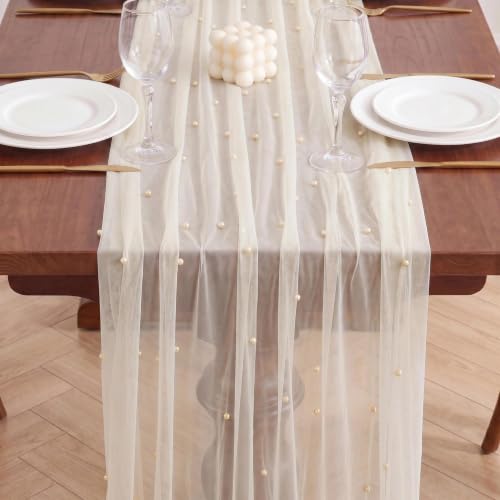 Ivory Pearl Tulle Table Runner 10FT Gauze Sheer Decor for Wedding Party