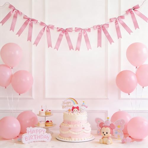 Eucehlre Pink Satin Bow Garlands - 16pcs Pre-Strung Party Decorations