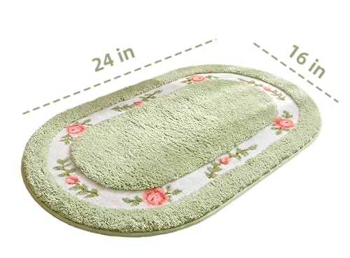 QMEAKMONY Green Rose Flower Shaggy Bathroom Rug 1'4" x 2' Oval