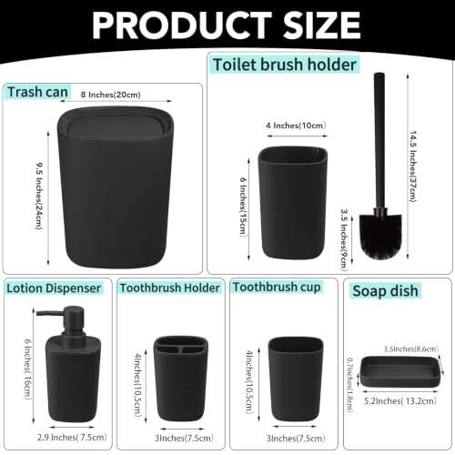 Matte Black 6-Piece Bathroom Accessories Set - Durable Plastic