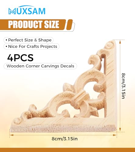 MUXSAM 4Pcs Wood Carved Appliques Onlays - Unpainted Wooden Corner Decals for Furniture, Cabinets, and Walls (8x8cm)