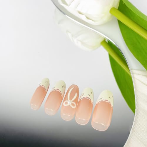 White French Tip Press On Nails with Bows & Pearls - Medium Round False Nails