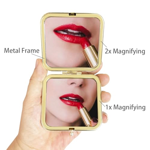 PDOZV Small Compact Mirror Gold Square 2.8 Inch Metal Frame 1X/2X