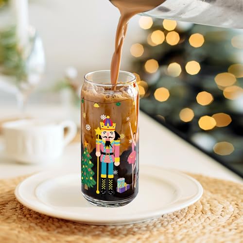 Joeyan Christmas Glass Cups with Lids and Straws - Style 14, 20oz Nutcracker Tumbler Gift Set