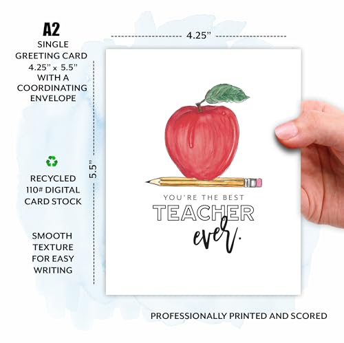 Best Teacher Appreciation Greeting Card with Envelope, Watercolor Apple Design