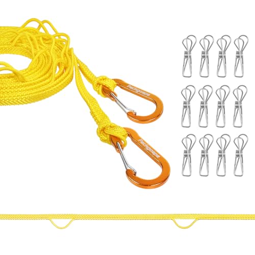 Portable Travel Clothesline Yellow 12.5 Ft - Windproof Laundry Line with Clothespins