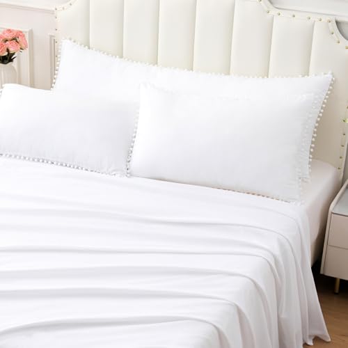 White Queen Pom Poms Pillow Shams Set of 2 - Soft Microfiber Cases