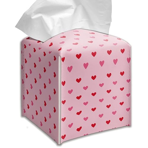 Love Heart Tissue Box Cover - Pink & Red Mini Square Decorative Holder for Bathroom & Bedroom - Free Secure Bottom Closure