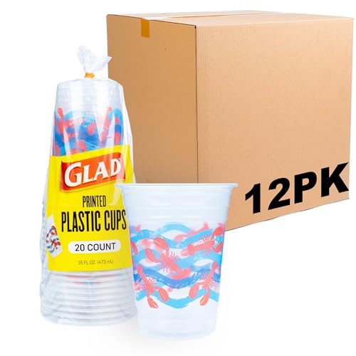 Glad 16 Oz Clear Plastic Cups with Lobster Waves Design, 20 Count (Multicolor, Pack of 12)