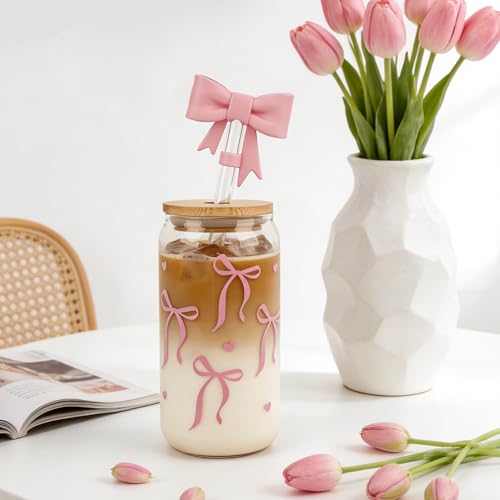 Mason Life 18oz Bow Glass Cup with Straw & Keychain - Pink
