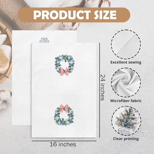 Christmas Wreath Coquette Chinoiserie Kitchen Towels Set of 2 - Pink, Blue & White, 16x24 Inches, Wreath Variation