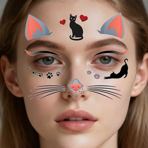 Cat Face Gems Crystal Temporary Tattoos 6 Sheets Festival Makeup