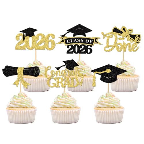 2026 Graduation Cupcake Toppers - Black & Gold Glitter Set of 24