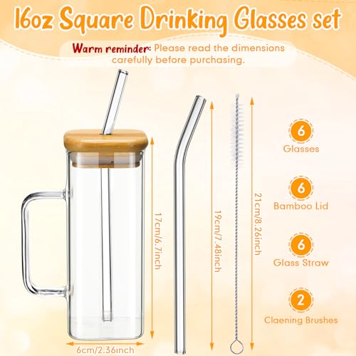 Square Glass Cups with Bamboo Lids & Straws - 16 oz, Set of 6, Clear