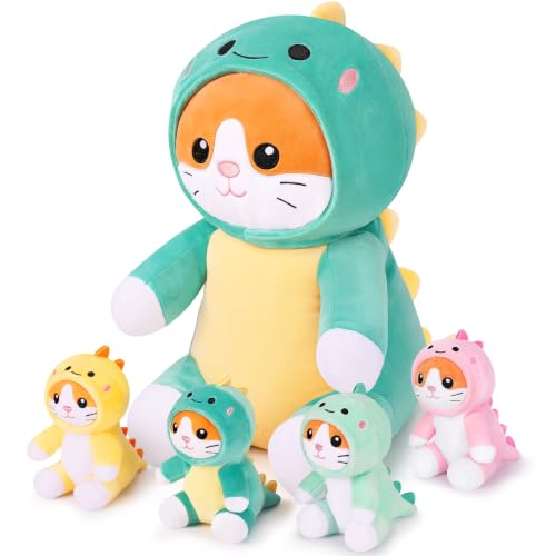 Dinosaur Cat Plush Family Set - Large Mommy & 4 Baby Kittens Kawaii Pillow - Kids & Adults Gift