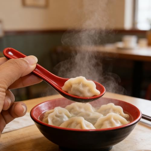 WeiMeet Melamine Soup Spoons - Red and Black Asian Wonton Ramen Spoons, 2 Pcs