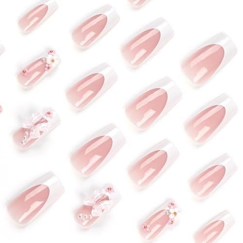 Pink Floral Press on Nails Long Square Reusable False Nails with Bows 24PCS