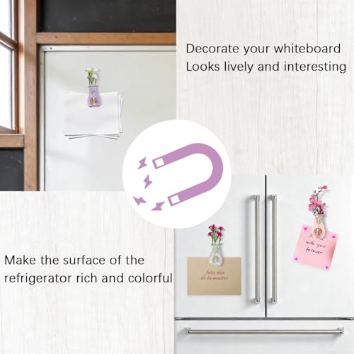Frayot 6Pcs Mini Vase Magnets for Fridge - Purple, Pink & Clear 3D Decor