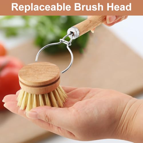 LORGVEXN Wooden Dish Brush with 3 Replaceable Natural Bristle Heads – Eco-Friendly Kitchen Tool