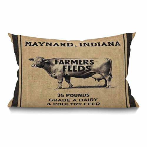 Smooffly Vintage Cow Feed Sack Lumbar Pillow Cover, 12x20 Cotton Linen
