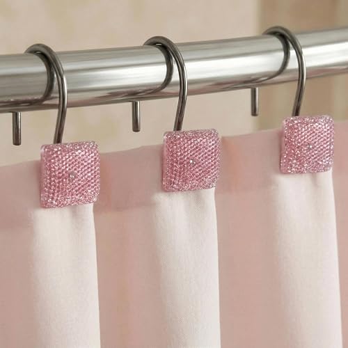 Pink Bling Shower Curtain Hooks - 12 Pcs Luxury Bathroom Rings