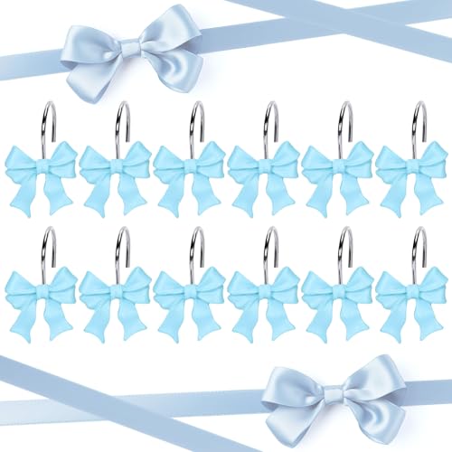Whaline 12 Pcs Blue Bow Shower Curtain Hooks - Cute Resin Rings