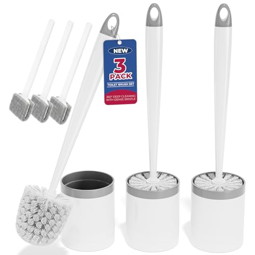 Holaloha Toilet Brush and Holder Set, 3-Pack Compact Bathroom Scrubber