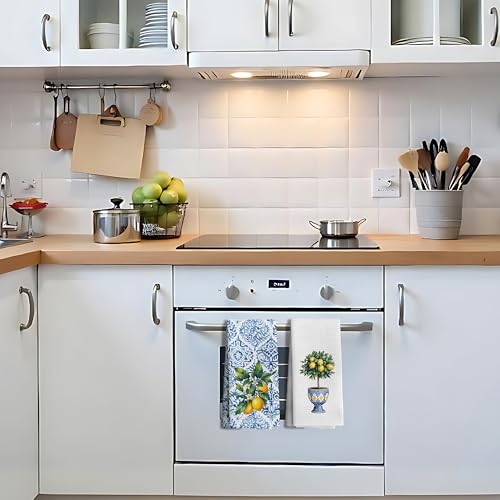 Chinoiserie Lemon Hand Towels - Set of 2, 16x24 Inch Decorative Kitchen & Bathroom Towels