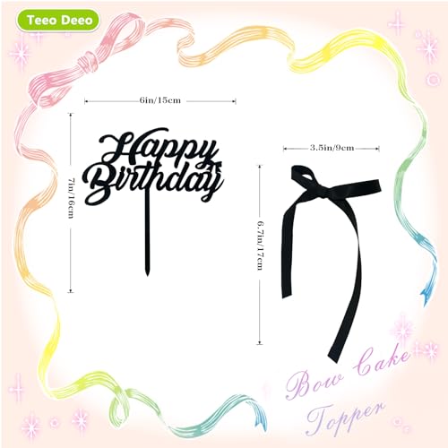 Elegant Black Ribbon Cake Toppers - 6 Pcs Happy Birthday Set