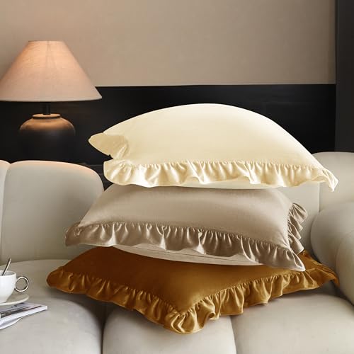 KKJIAF Taupe Velvet Throw Pillow Covers Set of 2 - 18x18 Inch Ruffle Edge Shams