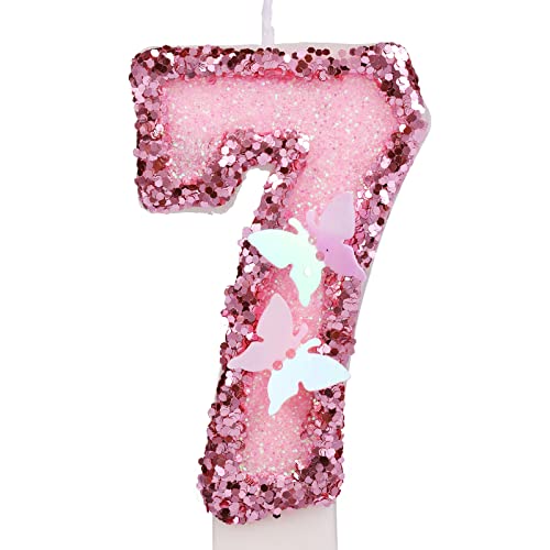 Pink Glitter Number 7 Birthday Candle with Butterfly and Sequins Cake Topper
