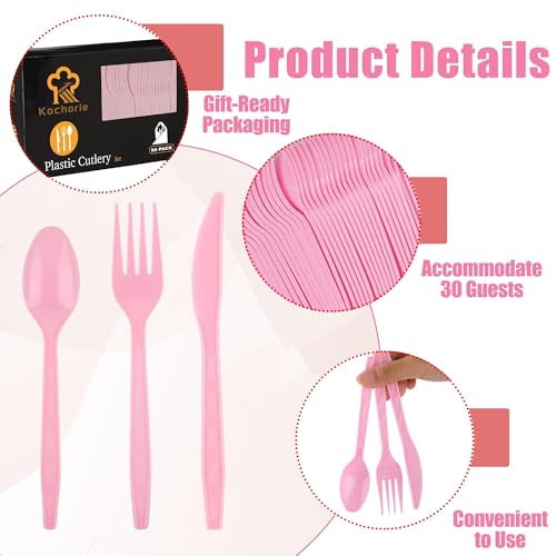 Kochorie 90-Piece Pink Disposable Plastic Cutlery Set - Heavy Duty Flatware