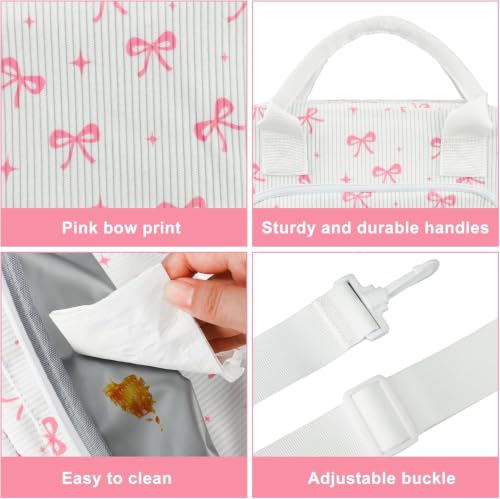 Large Pink Bow Insulated Lunch Bag with Adjustable Shoulder Strap