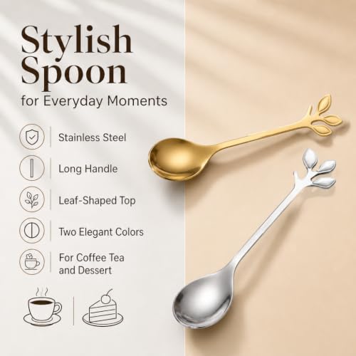 Hiiooweiyi Stainless Steel Leaf Coffee Spoons 4.7 Inch 4-Piece Set