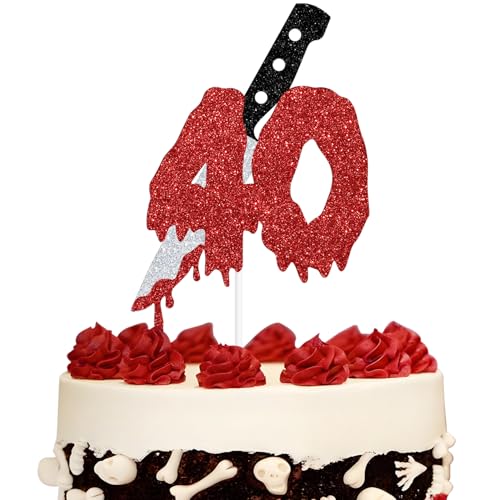 Red Glitter 40 Cake Topper with Blood Knife | Horror Party Decor