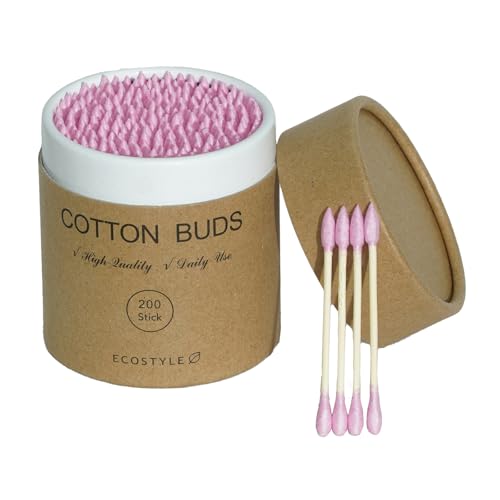 Pink Bamboo Cotton Swabs 200 Count - Dual-Tip Wooden Buds in Paper Tube