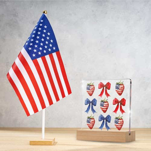 Patriotic Strawberry Acrylic Plaque with Wooden Stand for Independence Day Decor
