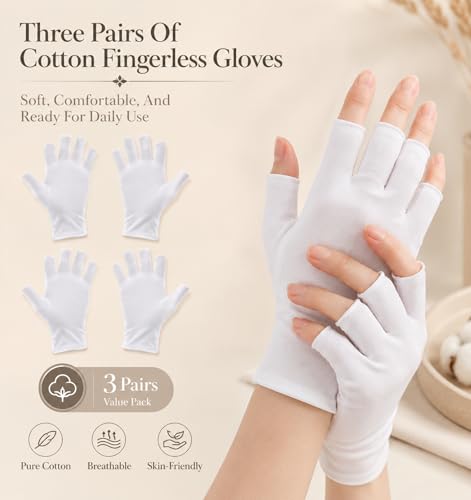 FRCTLNKG 3 Pairs Cotton Fingerless Gloves for Sleeping and Skin Care
