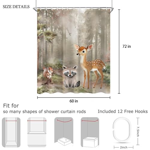 CINEKER Forest Animal Shower Curtain Set - 60x72 Inch Watercolor Woodland