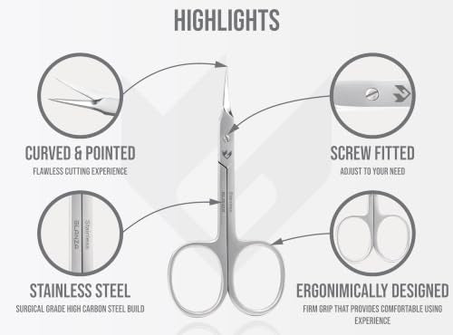 GLANZA Precision Cuticle Scissors - Extra Sharp Curved Stainless Steel Manicure Trimmer with Leather Case