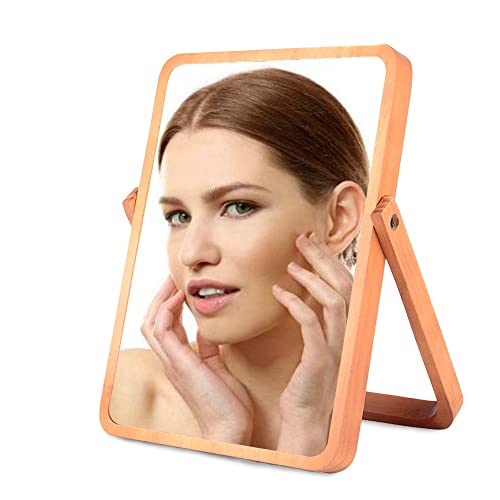 LOTIKO Wall-Mounted Makeup Mirror - 10.24 x 7.28 inches, HD Clear Reflection, Natural Pine Wood