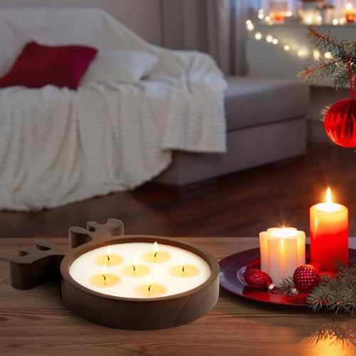 Reindeer Wooden Christmas Bowl Candle Set with Berries & Pine for Holiday Decor