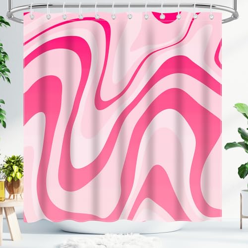 Pink Wavy Swirl Shower Curtain - 72x72 Inch Preppy Aesthetic Bathroom Decor