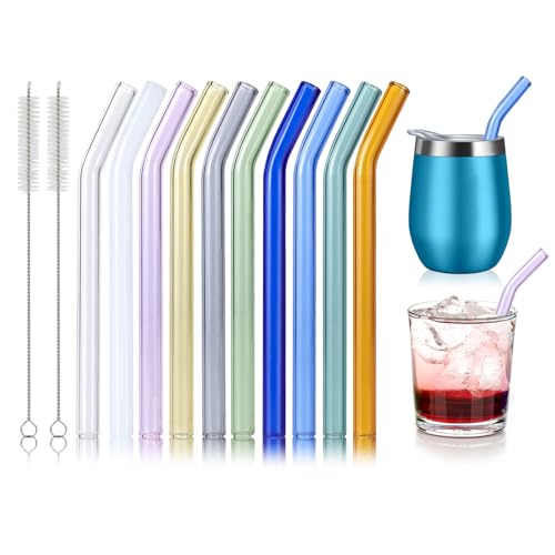 10 Pcs Colorful Reusable Bent Glass Straws - 6'' for Whiskey & Cocktails