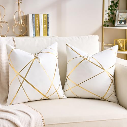 White Velvet Decorative Pillow Covers 16x16 - Pack of 2 with Gold Foil Design